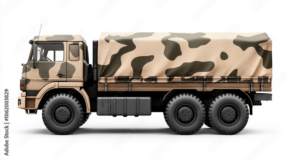 Obraz premium Side view of a camouflaged military transport truck on a plain white background, showcasing its rugged design and utility.