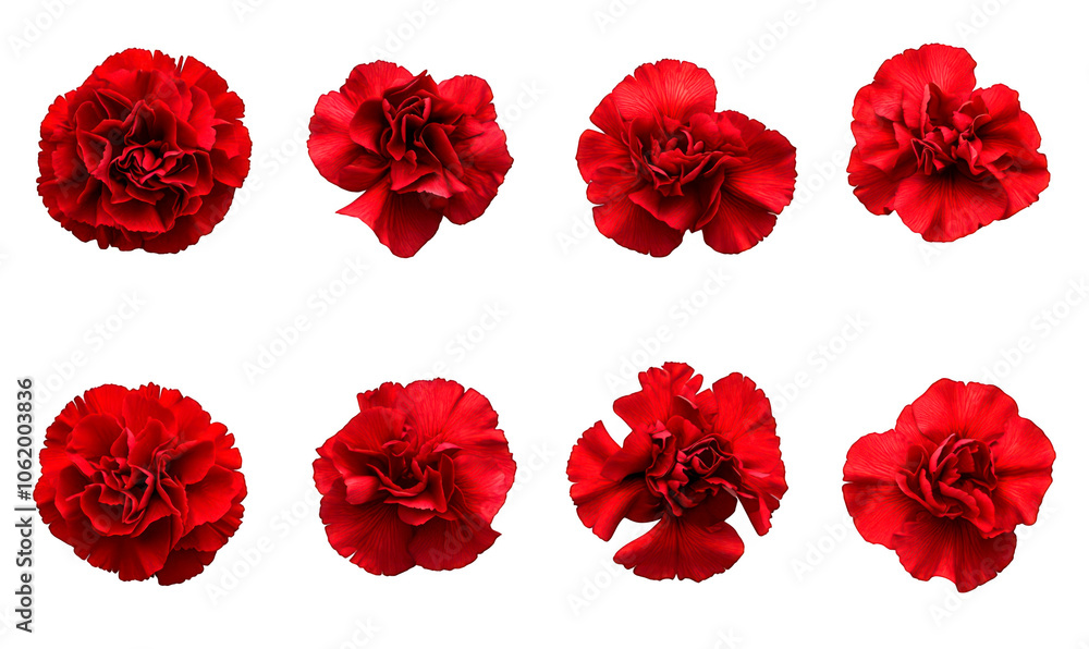Set of Nine vibrant red carnations isolate on transparent background, png, cutout Set of Nine vibrant red carnations isolate on transparent background, png, cutout