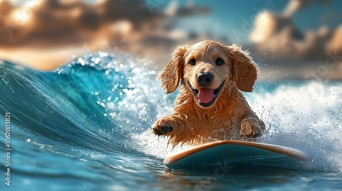 Golden Retriever Surfing on a Wave - Realistic Image