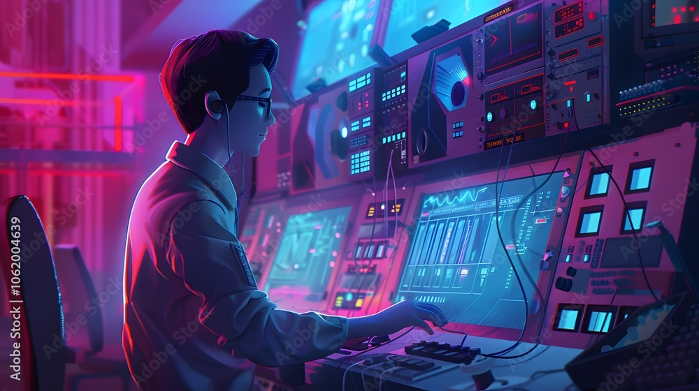 Futuristic Tech Workspace with Digital Interface and Neon Lighting Futuristic Tech Workspace with Digital Interface and Neon Lighting