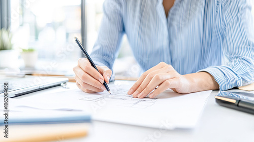 Creative process in action a close look at hands sketching ideas on paper with a modern workspace background