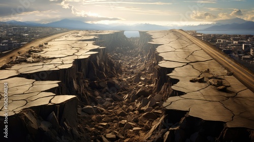 Create a surreal representation of the ground splitting open during an earthquake, with fissures and upheavals revealing hidden layers of the earth's  photo