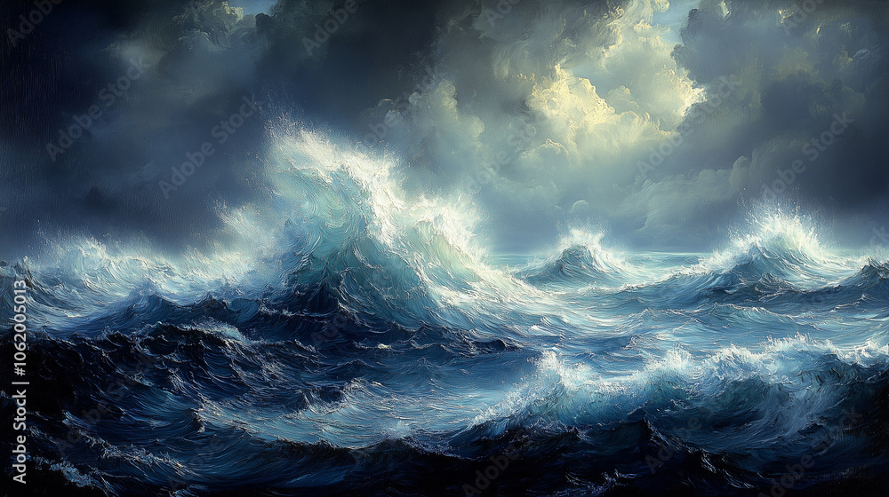 Obraz premium Abstract impression of waves crashing in shades of midnight blue and white: Strong, contrasting strokes give the illusion of waves crashing, with dark blues and whites creating a d