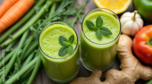 Green vegetable and fruit smoothies with ginger