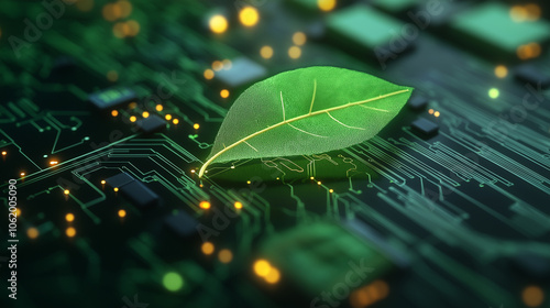 Green Leaf on Circuit Board Representing Eco-Friendly Technology photo