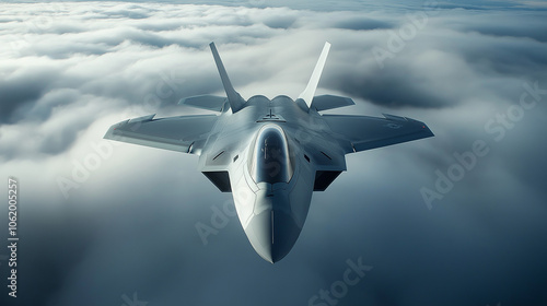 Futuristic Fighter Jet Flying Above Cloud Layer in Bright Sky photo