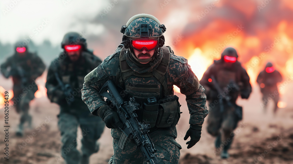 Futuristic Soldiers with Red Visors Advancing Through Fire and Smoke Futuristic Soldiers with Red Visors Advancing Through Fire and Smoke