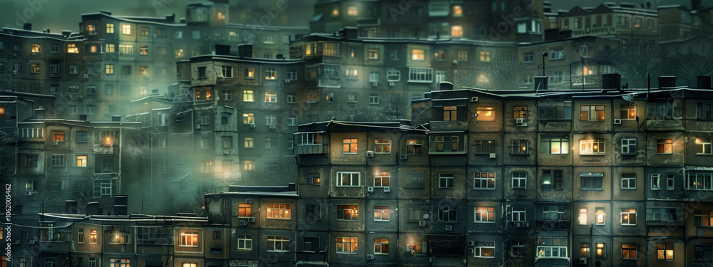 Obraz premium A dense urban landscape at night, featuring a cluster of high-rise apartment buildings. Many windows are illuminated, creating a warm glow against the dark, misty atmosphere. 