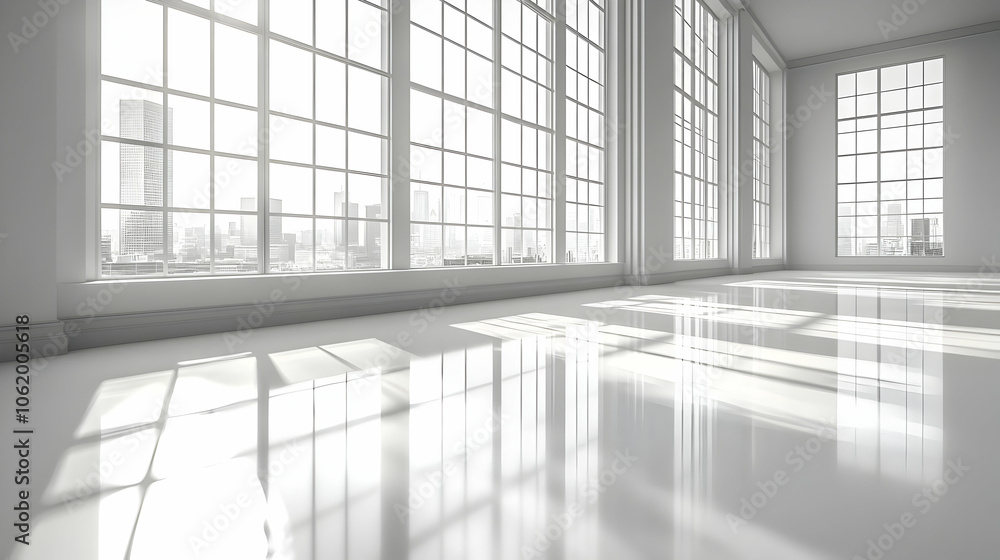 Modern Room with Large Windows and City Skyline 3D Illustration Modern Room with Large Windows and City Skyline 3D Illustration