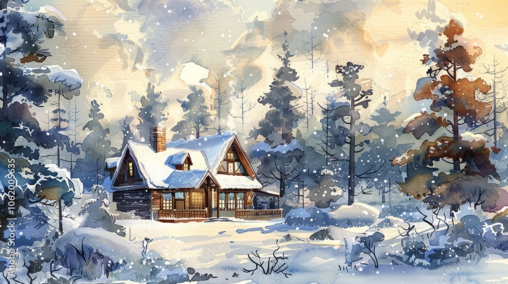 Naklejka premium house in winter forest watercolor illustration.
