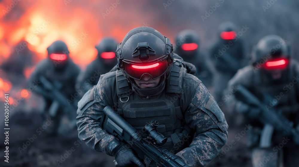 Futuristic Soldiers with Red Visors Advancing Through Fire and Smoke Futuristic Soldiers with Red Visors Advancing Through Fire and Smoke