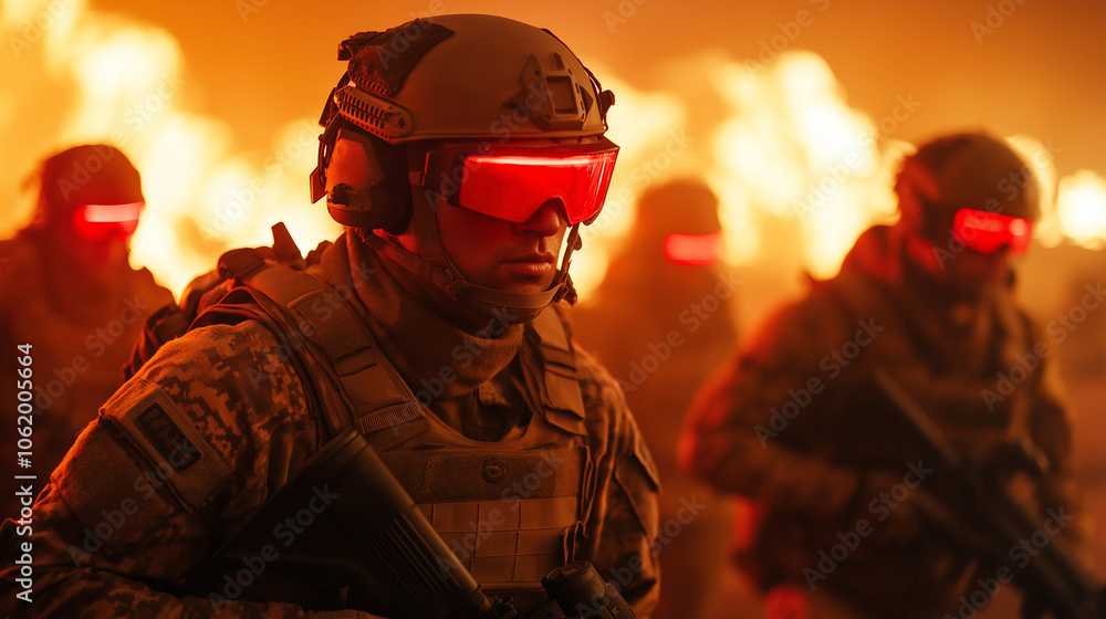 Futuristic Soldiers with Red Visors Advancing Through Fire and Smoke Futuristic Soldiers with Red Visors Advancing Through Fire and Smoke