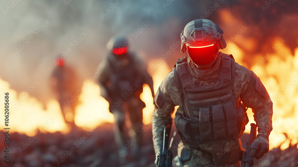 Futuristic Soldiers with Red Visors Advancing Through Fire and Smoke Futuristic Soldiers with Red Visors Advancing Through Fire and Smoke