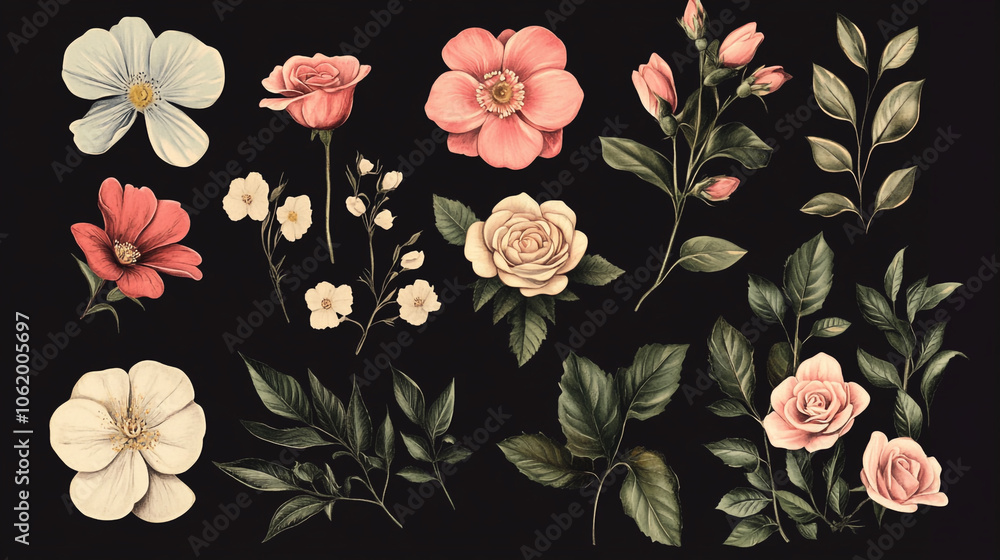 custom made wallpaper toronto digitalCollection of 16 stylized flowers with vibrant colors and detailed illustrations on a dark background. Seamless watercolor floral-patterned background