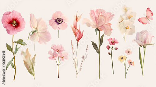 Wallpaper Mural A group of pink flowers on a white background. Ideal for floral designs,  hyacinth, ranunculus on a white background. High quality illustration. Torontodigital.ca