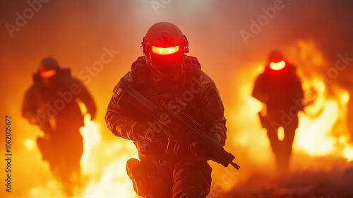 Futuristic Soldiers with Red Visors Advancing Through Fire and Smoke photo