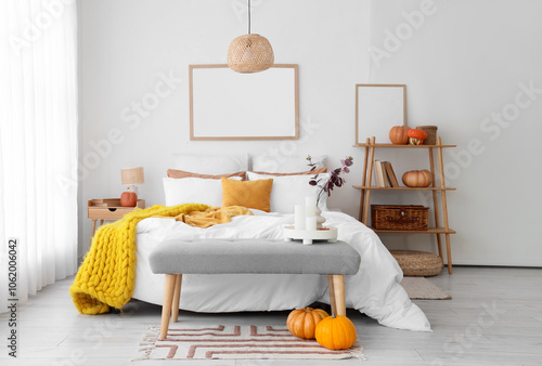 Wallpaper Mural Interior of light bedroom with pumpkins, soft bench and blank frames Torontodigital.ca