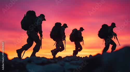 Silhouette of Soldiers Hiking in Formation Against a Vibrant Sunset Sky photo