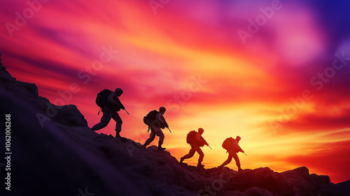 Silhouette of Soldiers Hiking in Formation Against a Vibrant Sunset Sky