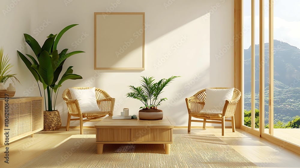 Sunlit minimalist living room with wicker chairs, plants, and a large window showcasing a scenic mountain view, creating a tranquil atmosphere. Sunlit minimalist living room with wicker chairs, plants, and a large window showcasing a scenic mountain view, creating a tranquil atmosphere.