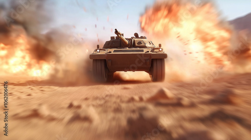 Tank Advancing in a War Zone with Smoke and Flames in the Background