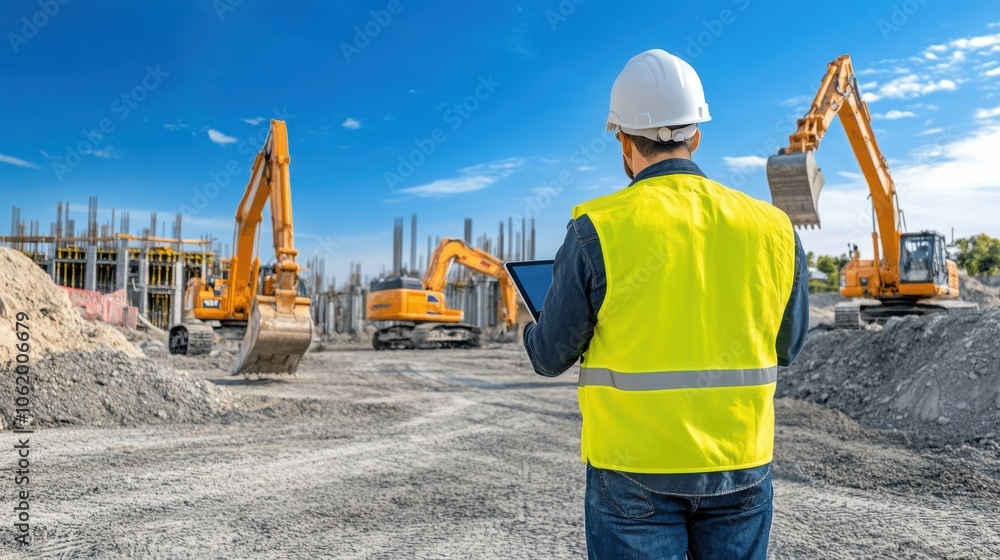 Construction workers with digital blueprints at building site on sunny day Construction workers with digital blueprints at building site on sunny day
