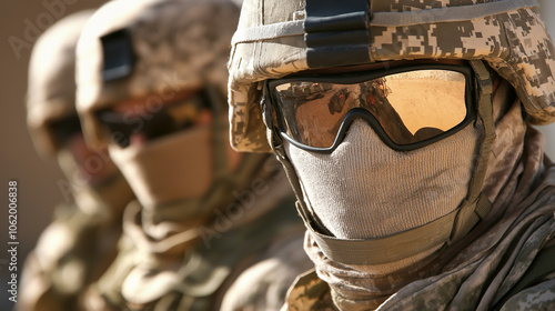 Group of Armed Soldiers Advancing Through Dusty Terrain in Formation photo