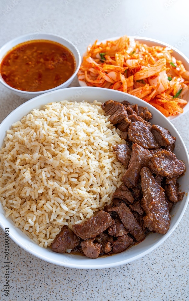 A delicious bowl of rice, succulent beef, spicy sauce, and a colorful salad, perfect for a hearty meal. A delicious bowl of rice, succulent beef, spicy sauce, and a colorful salad, perfect for a hearty meal.