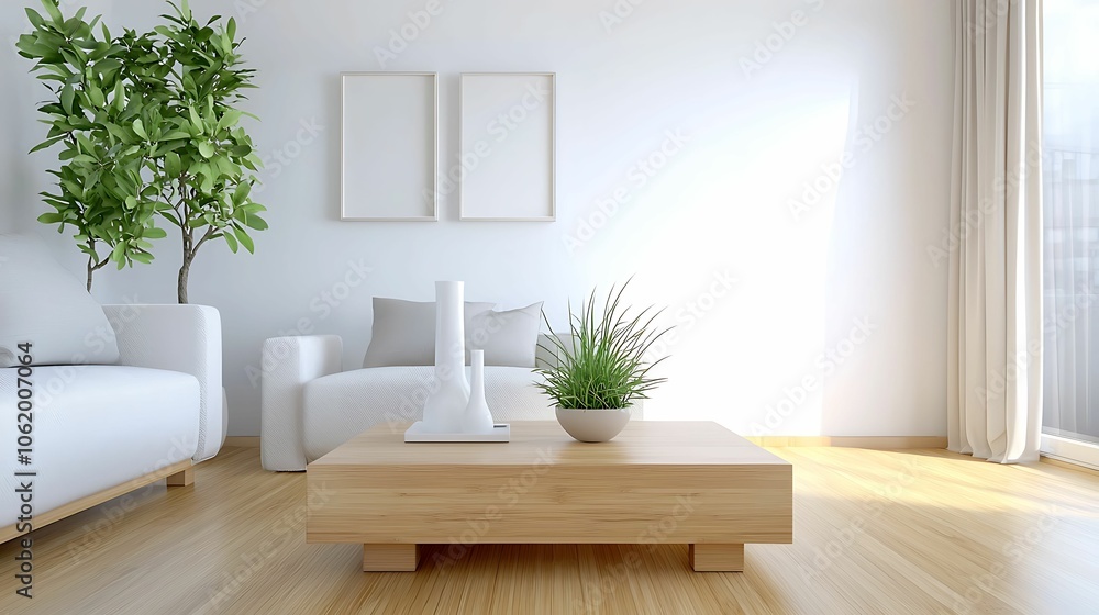Bright, minimalist living room featuring a low wooden coffee table, white seating, and indoor plants, creating a calm and spacious atmosphere. Bright, minimalist living room featuring a low wooden coffee table, white seating, and indoor plants, creating a calm and spacious atmosphere.