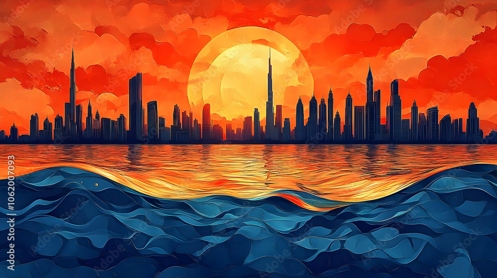 Cityscape Sunset with Ocean Waves Illustration Cityscape Sunset with Ocean Waves Illustration