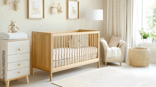 Cozy and bright nursery featuring a wooden crib, wicker chair, soft decor, and plush toys, creating a warm and inviting space for a baby.