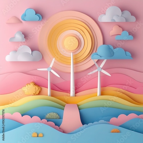 Pastel Paper Art Wind Turbines Farm