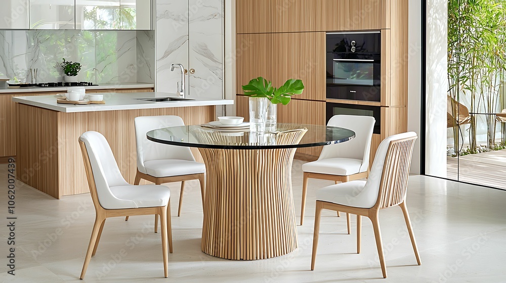 Elegant dining space featuring a glass round table with a sculpted wooden base, surrounded by white chairs, within a bright and stylish kitchen with natural decor. Elegant dining space featuring a glass round table with a sculpted wooden base, surrounded by white chairs, within a bright and stylish kitchen with natural decor.