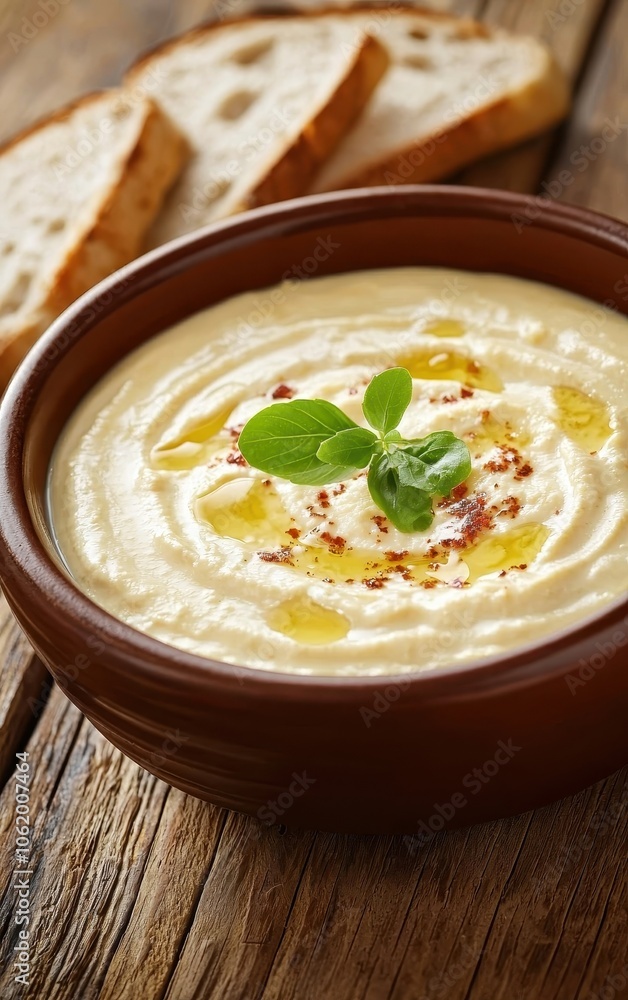 Delicious hummus in a bowl garnished with olive oil and basil, served with slices of bread. Delicious hummus in a bowl garnished with olive oil and basil, served with slices of bread.