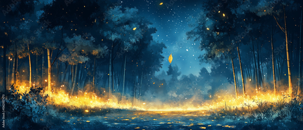 Forêt de bambou dans la nuit en digital art pour écran panoramique Forêt de bambou dans la nuit en digital art pour écran panoramique