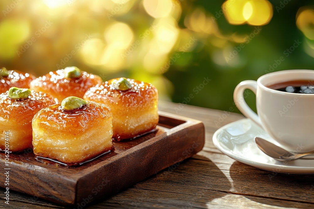 Delicious pastries with coffee on a wooden table, surrounded by a bright and warm natural background. Delicious pastries with coffee on a wooden table, surrounded by a bright and warm natural background.