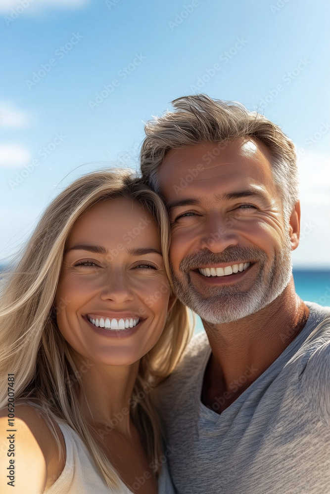 Obraz premium An older couple with gray hair takes a selfie on the beach, showing off perfect teeth, ideal for dental company advertising.