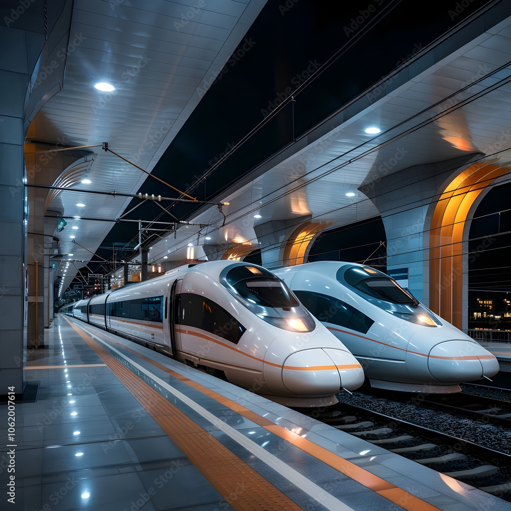 Two trains are parked at a train station Two trains are parked at a train station