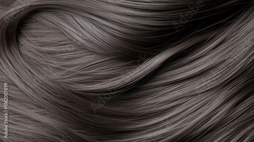 Obraz na płótnie Close-up of smooth, flowing dark hair strands showcasing texture and sheen against a neutral background, perfect for beauty and hair care themes. w salonie