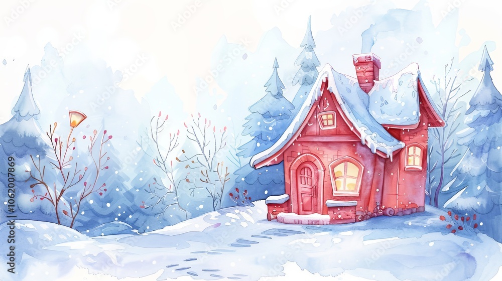 Fototapeta premium house in winter forest watercolor illustration.