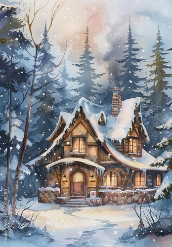 Wallpaper Mural house in winter forest watercolor illustration. Torontodigital.ca