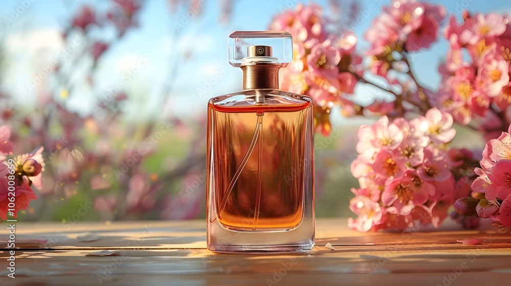 A bottle of perfume is sitting on a table next to a bunch of pink flowers A bottle of perfume is sitting on a table next to a bunch of pink flowers