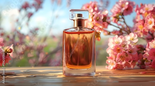 A bottle of perfume is sitting on a table next to a bunch of pink flowers