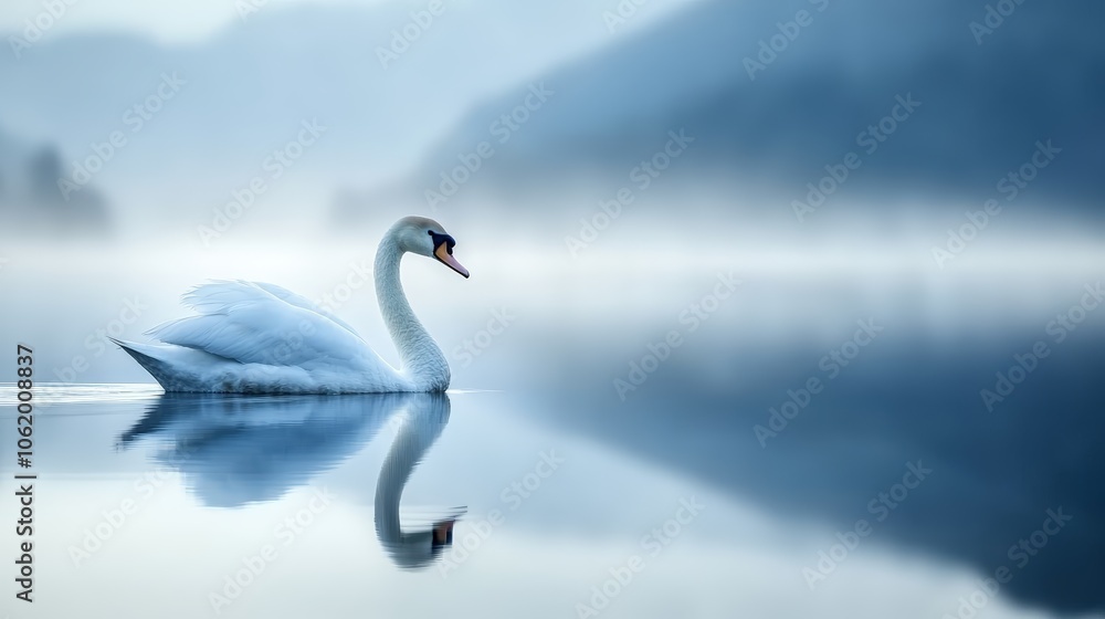 Graceful Swan Floating on a Serene Lake at Dusk Graceful Swan Floating on a Serene Lake at Dusk
