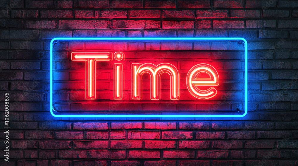 Obraz premium Red Neon Sign Time Brick Wall Background