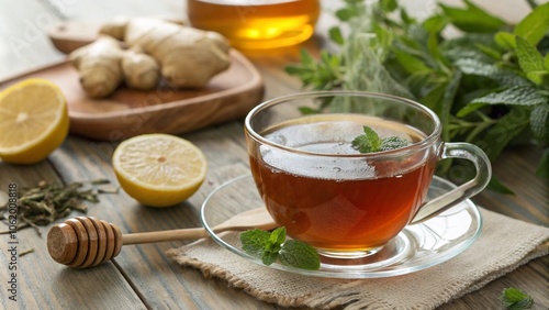 A steaming cup of tea with lemon slices, honey dipper, and fresh mint on a rustic wooden table, surrounded by greenery. The warm, inviting setup emphasizes relaxation and natural ingredients in a cozy