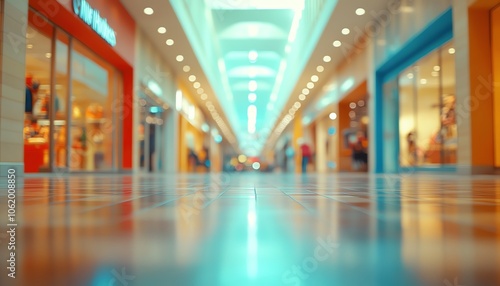 Artistic blur of a modern shopping mall interior, featuring spacious layout and colorful storefronts, perfect for retail concepts