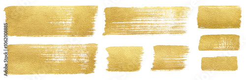 Golden foil brush strokes, brushstroke rectangle shapes, smears, wide rough stripes set. Hand drawn creative textured text backgrounds, gold painted graphic design elements. Frame, banner templates.