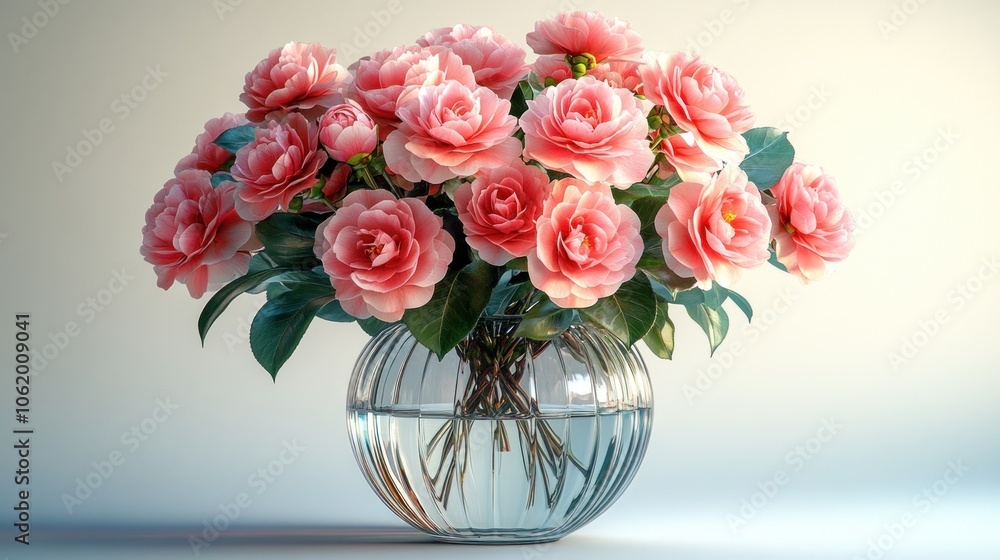 A vibrant bouquet of pink roses in a glass vase. A vibrant bouquet of pink roses in a glass vase.