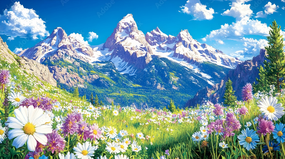 Fototapeta premium Majestic snow-capped mountains rise above a vibrant meadow of blooming wildflowers under a bright blue sky.